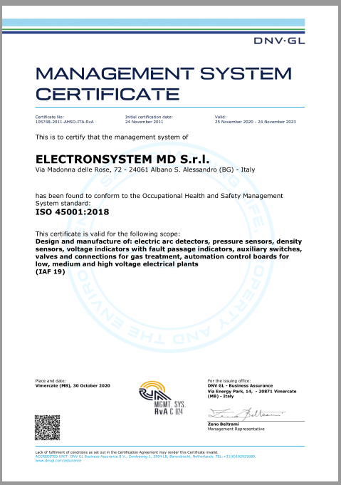 ISO 45001 certification - ELECTRONSYSTEM MD